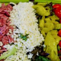 Antipasto Salad · Mixed greens, Genoa salami, marinated artichoke hearts, mozzarella cheese, grape tomatoes, p...