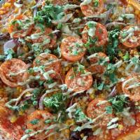 Street Corn Pizza · Roasted corn, queso fresco, cilantro, roma tomato, garlic aioli, tajin