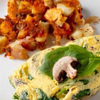 Fresh Spinach, Mushroom, And Jack Cheese Omelette · Fresh spinach, mushroom, and jack cheese in an omelette served with your choice of side and ...
