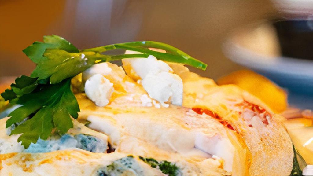 Incredible Artichoke Egg White Omelette · Artichoke hearts, fresh spinach, roasted red peppers, mushrooms, feta cheese, and tomatoes. Served with
