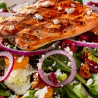 Grilled Salmon Walnut Salad · Candied walnuts & grilled Alaskan salmon, lightly seasoned, on a bed of fresh mixed greens w...
