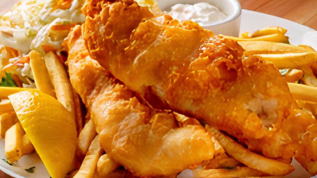 3 Piece Fish & Chips · Three Icelandic Haddock fillets dipped in our own beer batter, deep fried to a golden brown. Served with fries and coleslaw.