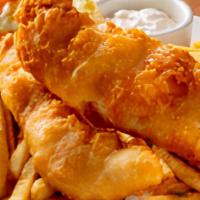 2 Piece Fish & Chips · Two Icelandic Haddock fillets dipped in our own beer batter, deep fried to a golden brown. S...