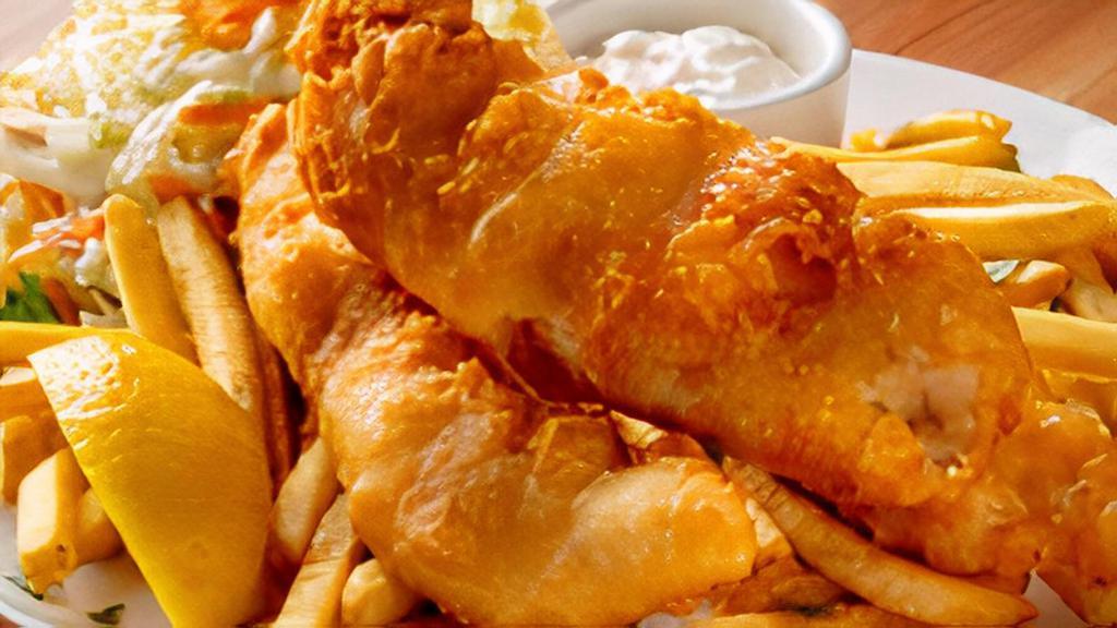 2 Piece Fish & Chips · Two Icelandic Haddock fillets dipped in our own beer batter, deep fried to a golden brown. Served with fries and coleslaw.