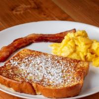 French Toast · Comes with one egg and one strip of bacon.