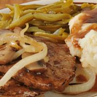 Garrett'S Chopped Steak | Value · A CERTIFIED ANGUS BEEF burger patty topped with cheddar cheese, sauteed onions, and a chile ...