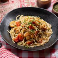 Spicy Shrimp In Broth · spaghetti with 5 jumbo spicy shrimp, red pepper flakes, homemade chicken broth + tomato