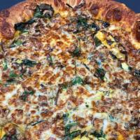 Breakfast Spinach & Mushrooms · Spinach, mushrooms, egg, cheddar, and mozzarella on our specialty dough and house blend spic...