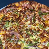 Denver Omelette · Canadian bacon, green bell peppers, red onions, egg, cheddar, and mozzarella on our specialt...
