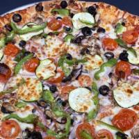 Veggie Cowboy · Marinara, mushrooms, olives, onions, green bell peppers, tomatoes, and zucchini.