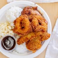 Seafood Mix · Crispy shrimp, fried white fish and BBQ chicken.