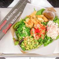 Ahi Tuna Salad · Spring Mix, wasabi mayo, green onions, seaweed salad, imitation crab salad, seasoned edamame...