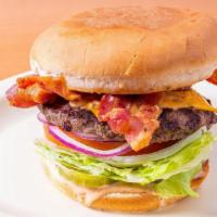 Bacon Cheeseburger (1/3Lb) · We use 100% ground beef. All of our burgers come with dressing, lettuce, tomato, pickle and ...