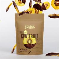 Dried Gold Kiwifruit Slices Paired With Organic 55% Dark Chocolate · Bursting with New Zealand Goodness