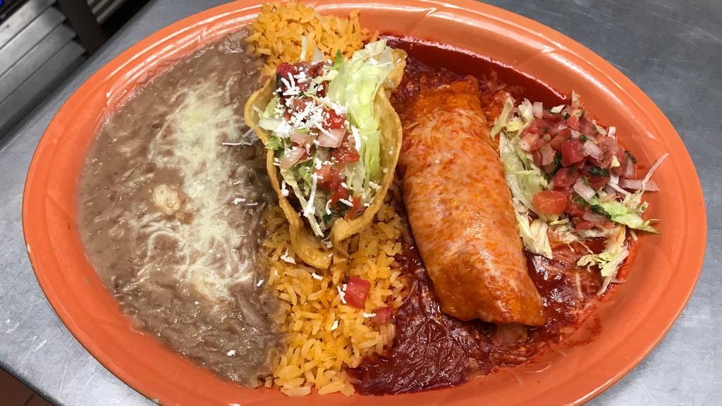 Crispy Taco & Enchilada Plate · Beef, chicken or cheese.