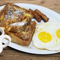 French Toast Combo · Choice of bacon (two) or sausage (two), egg (two), french toast, coffee or fountain drink.