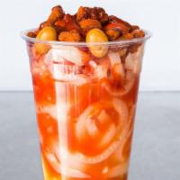 Cueritos Locos · PORK RINDS, CUCUMBER, PEANUTS, CHAKA CHAKA, SALSA, CHAMOY, CLAMATO