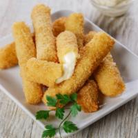 Mozzarella Sticks · 6 pieces of cheesesticks deep-fried until crispy on the outside and gooey on the inside.