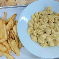 Mac & Cheese · Pasta shells and cheese sauce served with a side of fries.