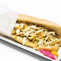 Chicken Shawarma Sandwich · Served with lettuce, tomatoes, pickles, garlic aioli sauce, on a choice of a French roll, pi...