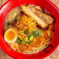 Kai'S White Ramen · Most Popular pork soup , Salt base, thin noodle, garlic butter, pork belly flavored egg, sca...
