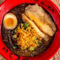 Kai'S Black Ramen · Salt base pork soup ,  thin noodle, mayu black garlic oil, pork belly, flavored egg, scallio...
