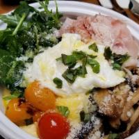 Polenta & Egg · poached egg, creamy polenta, shiitake mushrooms, arugula, blistered tomatoes, thinly sliced ...