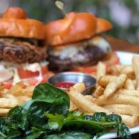 A.D. Burger · Snake river grass-fed beef, caramelized onions, beefsteak tomato, aged white cheddar, Marie ...