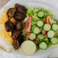 Shish Kabob · Chunks of skewered marinated flame broiled tender usda choice beef. served with saffron flav...