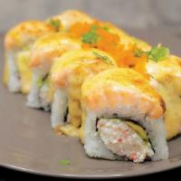 Baked Salmon Roll · In: Crabmeat, Avocado
Out: Baked Salmon with Baked Mayo, Eel sauce