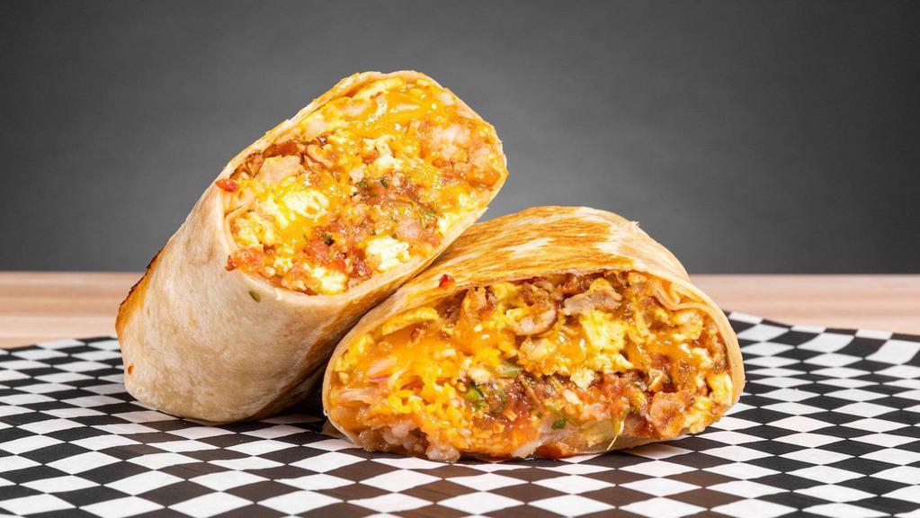 Sausage Breakfast Burrito · Flour tortilla with sausage, scrambled eggs, sausage, hash browns and melted jack and cheddar cheese with a side of salsa.