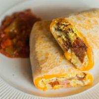 Bacon Breakfast Burrito · Flour tortilla with scrambled eggs, bacon, tater tots and melted jack and cheddar cheese wit...