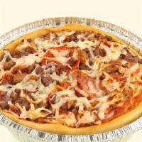 Big Meaty Pizza · Personal pan pizza with a garlic butter crust, topped with pizza sauce, pepperoni, sausage c...