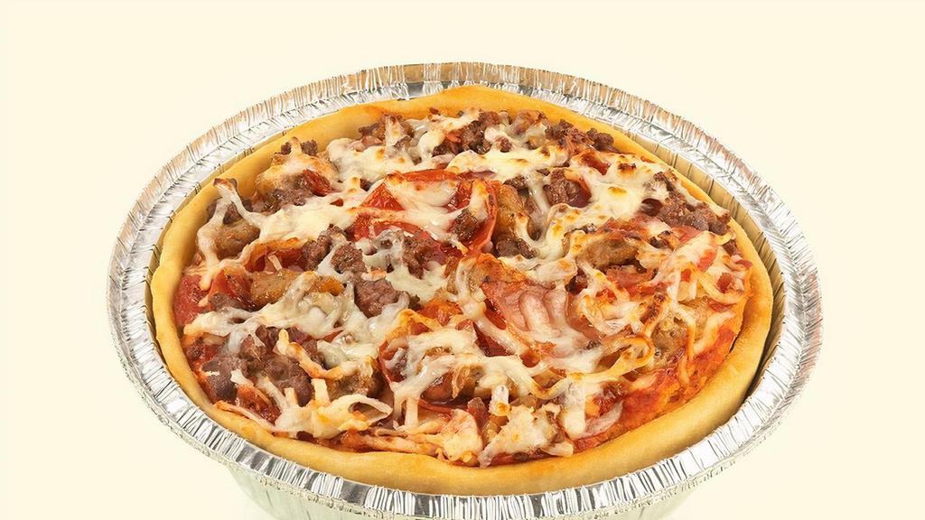 Big Meaty Pizza · Personal pan pizza with a garlic butter crust, topped with pizza sauce, pepperoni, sausage crumbles, Canadian bacon, ground beef & bacon and mozzarella cheese