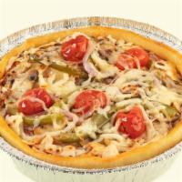 Veggie Pizza · Personal pan pizza with a garlic butter crust, topped with pizza sauce, mushrooms, onion, gr...