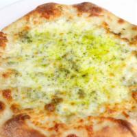 Pesto Pizza · White pizza with organic pesto sauce & locally sourced mozzarella