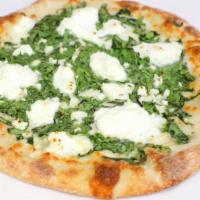 Spinach Ricotta Pizza · White pizza-fresh spinach, garlic, ricotta, and Alfredo sauce.