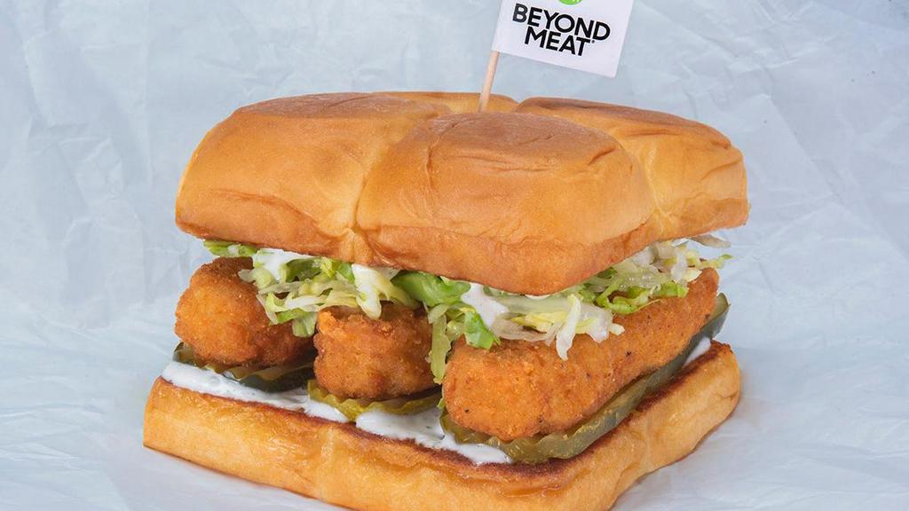 Beyond Bad Mutha Clucka · Three crispy fried Beyond® tenders, with miso ranch, dill pickle slices and lettuce; served on King's Hawaiian rolls. plant-based/vegetarian protein
