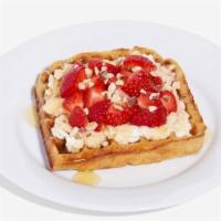 Strawberry Ricotta Waffle. · Strawberry, almonds, almond ricotta, honey drizzle, GF vegan waffle.