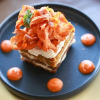 Tres Leches Carrot Cake · Tres Leches Carrot Cake, Carrot Puree, Shaved Carrots.