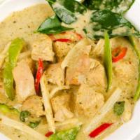 Green Curry · Choice of meat with bamboo, bell peppers, carrots, and basil in coconut green curry sauce.