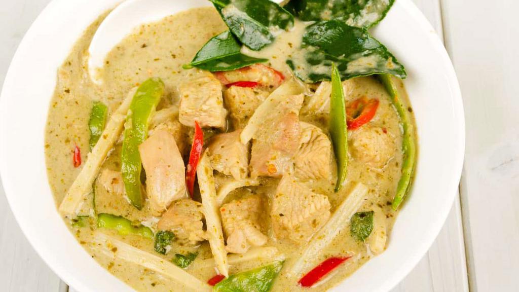 Green Curry · Tofu, vegetables, and basil in medium spicy coconut green curry sauce.