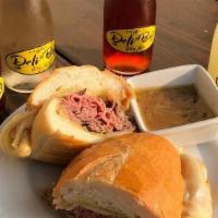 French Onion Soup Dip · Hot roast beef, melted gruyere, grilled onions on a garlic grilled hoagie roll with a dunker...