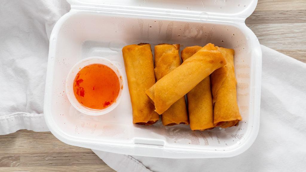 5 Vegetable Egg Rolls · Assort vegetable, glass noodle rolls wrapped in egg roll skin served with sweet and sour sauce. Vegetarian.