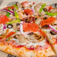 Supreme Pizza · tomato sauce, mozzarella, pepperoni, italian sausage, red onions, mushrooms, black olives, g...