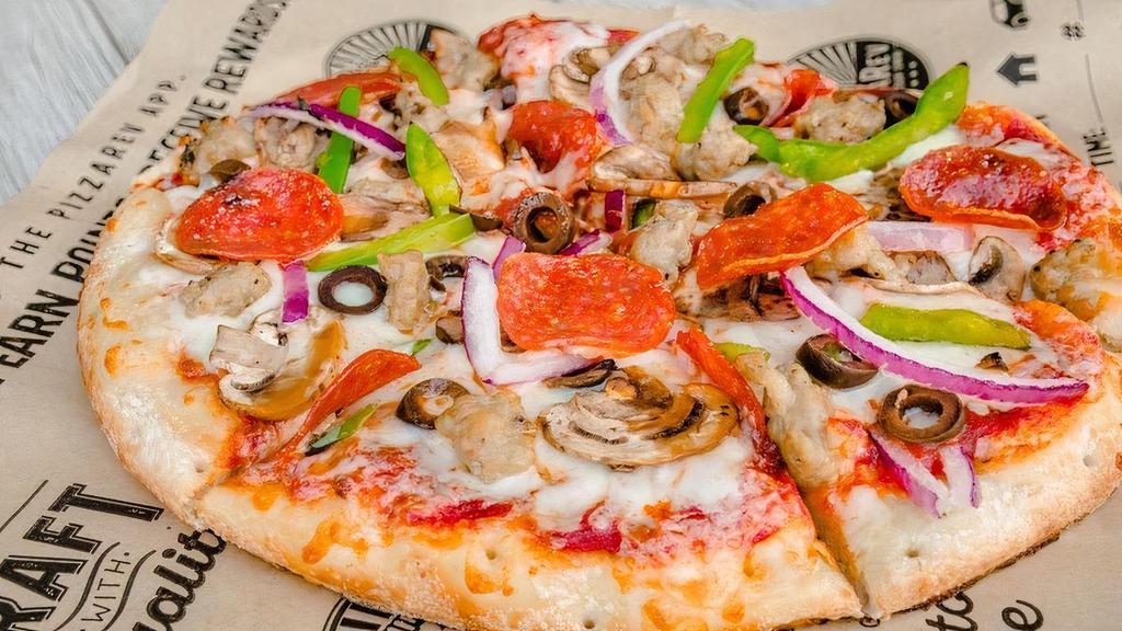 Supreme Pizza · tomato sauce, mozzarella, pepperoni, italian sausage, red onions, mushrooms, black olives, green bell peppers