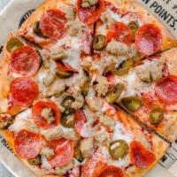 Meat & Peppers Pizza · spicy tomato sauce, mozzarella, italian sausage, pepperoni, jalapenos