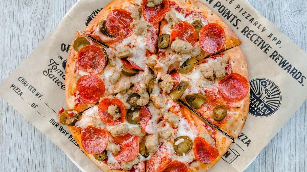 Meat & Peppers Pizza · spicy tomato sauce, mozzarella, italian sausage, pepperoni, jalapenos