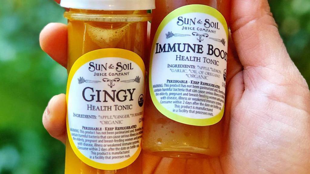 Health Shots - Immune Boost Shot · Choose between our Gingy Shot or Immune Boost.GINGY SHOT:*Ginger,*Turmeric, *Apple, *Black Pepper*ORGANIC IMMUNE BOOST:*Apple, *Lemon, *Garlic, *Oil of Oregano*ORGANIC2 ounce bottle