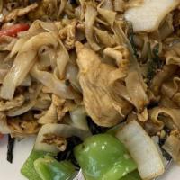 Drunken Noodle · Stir-fried flat rice noodles, egg, onion, bell pepper, basil, and chili.